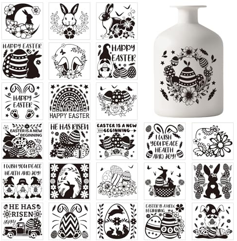 GLOBLELAND 25 Stück Frühling Osterhasen Silhouette Aufkleber Für Einmachgläser Kaninchen Eier Blumen Kunststoff Silhouette Wandaufkleber Selbstklebende Laternenglas Aufkleber Glaskunst Wandbild