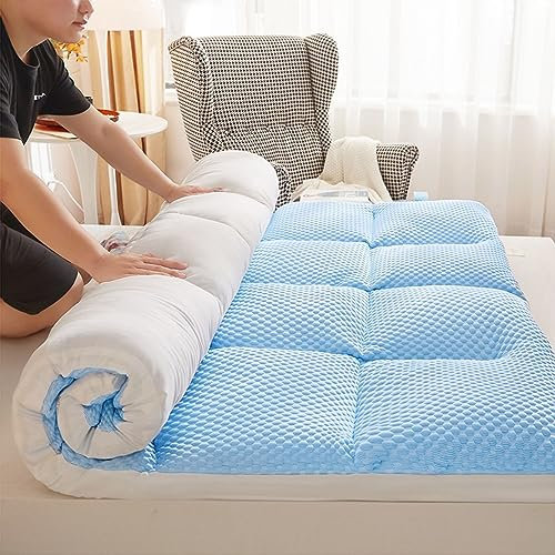 LULUMAIC Traditionelle japanische Matratze, weicher und Dicker Boden-Futon für tragbares Schlafen, Faltbare Rollmatratze für Einzel- oder Doppelbett, Blau, 90 x 200 cm