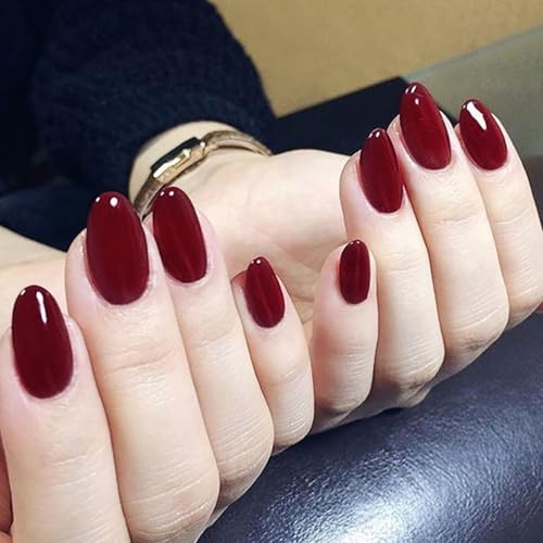 24 Piezas Uñas Postizas Cortas Almendra, Francesas Color Sólido Uñas Falsas Naturales Adhesivas Press on Nails, 12 Tamaños Acrílico Cobertura Completa Puntas de Uñas para Mujeres y Niñas (Rojo Vino)