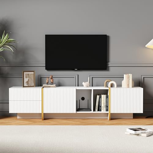 Merax White TV Stand, TV Lowboard with Storage Cabinet and Open Shelves, TV Units for Living Room, Modern Entertainment Center with Golden Legs, for 85 inch TV, White, 195x35x45cm