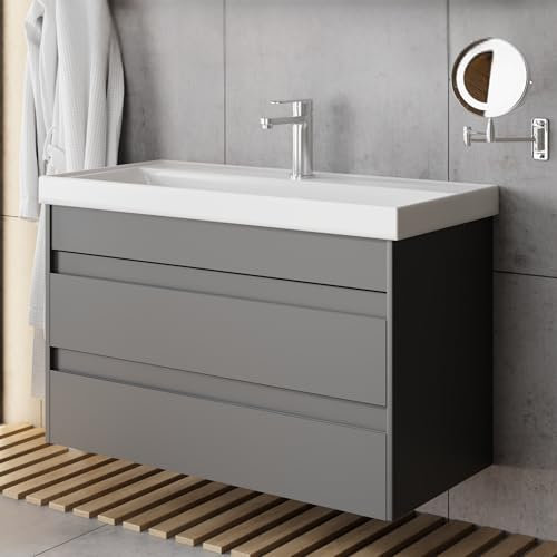 Karen Waschtisch mit Unterschrank Lara | Keramikwaschbecken | Unterschrank | Badmöbel | Aufsatzwaschbecken | Konsolenwaschtisch | Minimalistisch | Badezimmer Anthrazit (Lara 80)