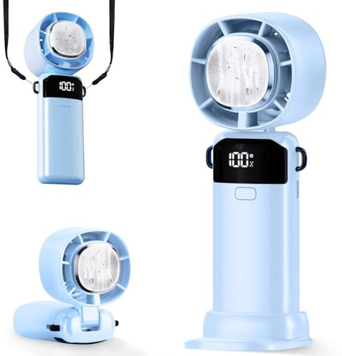 Mini ventilateur portatif, portable, avec écran LED, rechargeable, petite batterie, réglable à 180°, pour l'extérieur, bleu