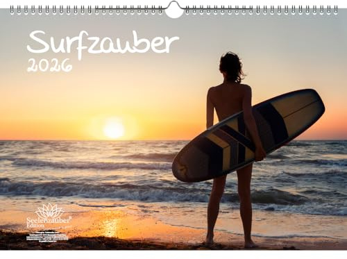 Surfzauber DIN A3 Kalender für 2026 Surfer und surfen - Geschenkset Inhalt: 1x Kalender 1x Weihnachtsanhänger 1x Grußanhänger (gesamt 3 Teile)
