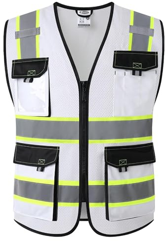 JKSafety Hi Vis Reflective Safety Vests for Men Women High Visibility Vest with Pockets Mesh Fabric Construction Safety Apparel Neon Vest for Work (220-White XXL)