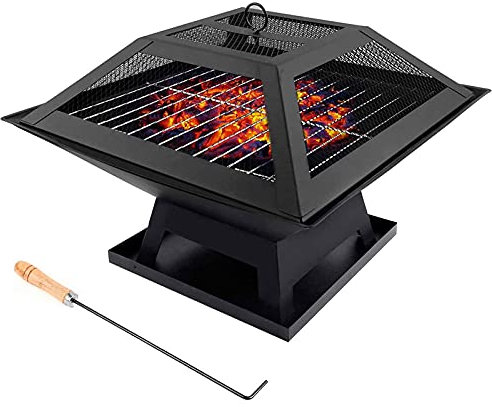 ZJFHEYUO Braciere a Legna con Cottura e griglia, bracieri per Barbecue all'aperto da 18,5 Pollici con Schermo Anti-scintille, braciere Portatile per falò da Campeggio/Barbecue/RIS