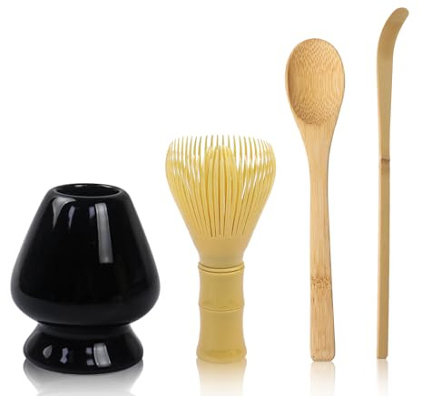 Set of 4 Matcha Tea Set Matcha Whisk and Spoon, Ceramic Matcha Whisk Holder(Khaki, Black)