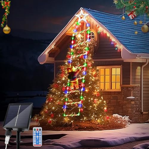 JIMACRO 2M/6.56FT Weihnachtsmann Leiter Lichterkette, 124LEDs Weihnachtsbeleuchtung Außen Mit 8 Modi, Solar Weihnachtsmann mit Leiter für Innen Außen Fenster Garten Haus Wand