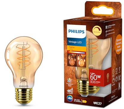 PHILIPS Vintage Amber Spiral A60 Lampe, dimmbar, flimmerfrei, EyeComfort, 806 Lumen, Flame (2200 K), 7.3 W=60 W, E27 Sockel, 1er Pack