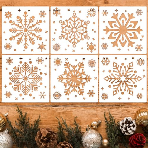 6 Stück Weihnachten Schablonen,20cm Schneeflocken-Schablonen,Kunststoff Schneeflocken DIY-Malschablone,Wiederverwendbare Winterornament-Schablonenvorlage für Weihnachtskarte Scrapbooking