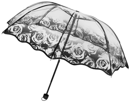 Healvian Transparenter Regenschirm mit Elegantem Schwarzem Rosenmuster Kompakter Faltbarer Taschenschirm Leichter Manueller Drei Fach Schirm für Damen Modischer Wetterschutz bei Regen und
