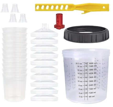 Farbspritzpistolenbecher Set 600ml, Lackmischbecher Für Hvlp Und Lvlp Lackierpistole Spritzpistole Kit, Farbmischbecher Kit Mit 10 Bechern Und Deckeln, Hartbecher Mit 1 Haltering