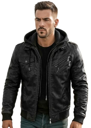 Men's Real Leather Jacket With Removable Hood Bomber Genuine Sheep Brown Leather Coat (UK, Alpha, L, Regular, Regular, Black)