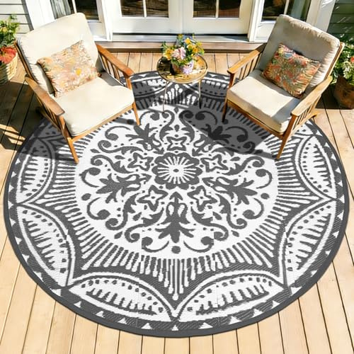 Capslpad Tappeto rotondo per uso esterno, Ø 150 cm, tappeto per balcone, in plastica, tappeto da campeggio, coperta leggera per picnic, tappeto per l'ingresso della tenda, tappeto da esterno per