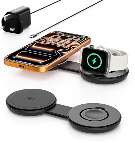 Qi2 25W Magnetic Wireless Charger 2 in 1, Fast Charging Travel Station Pad Compatible with MagSafe for iPhone Air/17e/17/16/15/14/13/12, 5W for Apple Watch, AirPods 3/2/Pro (With 30W Adapter)