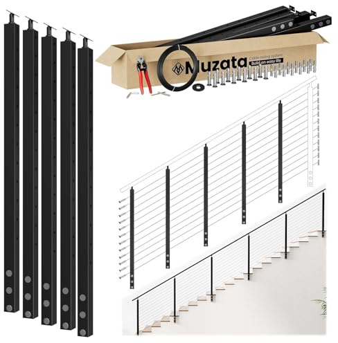Muzata 16-20FT Modular Black Side Mount Cable Railing Kit 42 Inch 5 Stair Post Kit Complete Set Cable Railing System for Stairs Length Adjustable Easy DIY with Paper User Guide (No Handrail) RW31