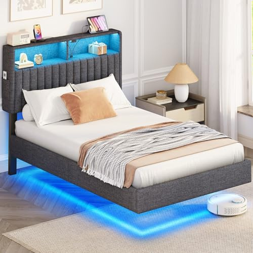 Seventable Metallbett 90x200 cm mit LED-Beleuchtung, inkl. Lattenrost, Schwebendes Design, Stabil & Robust, Einfache Montage, Grau – Ohne Matratze