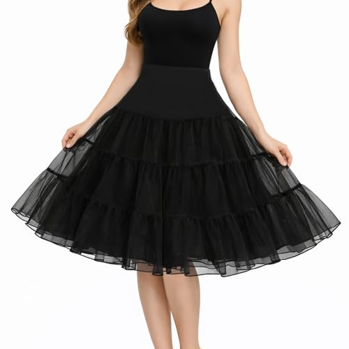 MUNSKT 50s Retro Petticoat Underskirt,Vintage A-Line Crinoline,Classic Elastic Rockabilly Tutu Skirt for Prom Evening Wedding Dress Ladies Half Slip Dress-up Cosplay Halloween Costume (Black)