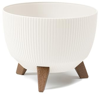 LAMELA Pot de Fleurs Rond sur Pieds - Plastique Rayé - Ø 29 cm x H 18,3 cm, 9,3 L - Résistant et Facile d'entretien - Intérieur et Extérieur - Crème