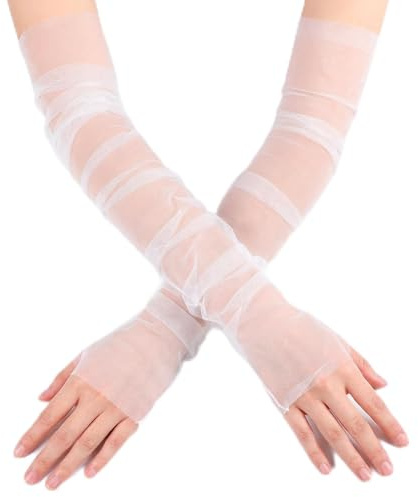 Gemoioio 1 Pair Long White Tulle Gloves for Women, Elbow-Length Bridal Fingerless Glove, Soft Mesh Sheer Gloves for Wedding, Prom, Ball, and Vintage Costume Accessories
