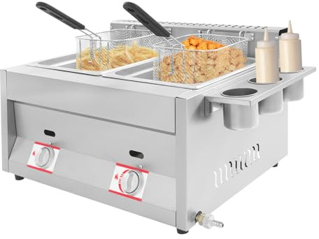 12L Commercial LPG Deep Fryers, Countertop Gas Deep Fryer, Stainless Steel LPG Gas Deep Fat Fryer, Professional Double Fryer Gas 2 x 6 L with Basket and Lid, for Chicken, Chips, Home, Kitchen