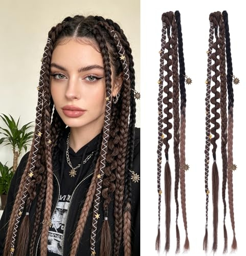 HIVTE Syntetiska flätförlängningar med clips, 40 cm, svartbruna, flätade hårförlängningar, boho-dreadlock-hårdelar för fest och vardag