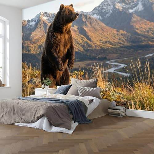 Papel Pintado Fotografía de vida silvestre Oso pardo,montañas,pradera 3D Salón Dormitorio 150x105cm,Fotomurales Pared Tejido No Tejido Decorativos Murales Fotográfico Decoración de Paredes