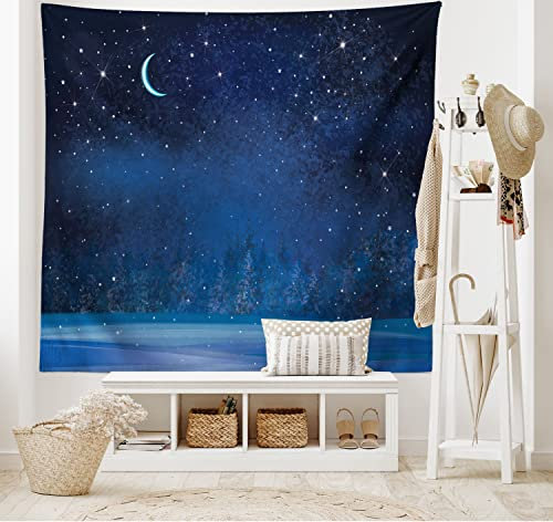 ABAKUHAUS Mond Wandteppich, Winter Saison Wunderland Sternenhimmel Nacht Wald Landschaft Landschaft drucken, aus Weiches Mikrofaser Stoff Wand Dekoration Für Schlafzimmer, 150 x 110 cm, Blau Weiß