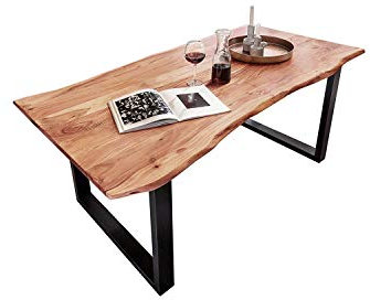 SAM Esszimmertisch 120x80 cm Quinn, echte Baumkante, naturfarben, massiver Esstisch aus Akazienholz, Metallbeine Schwarz, Baumkantentisch