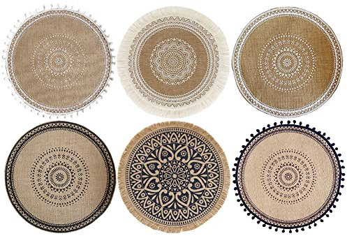 Sits 6er Set Gewebte Tischsets Waschbar Rund 38cm Boho Baumwolle Platzsets Untersetzer Hitzebeständig und rutschfest für Küche Party Hochzeit (A)