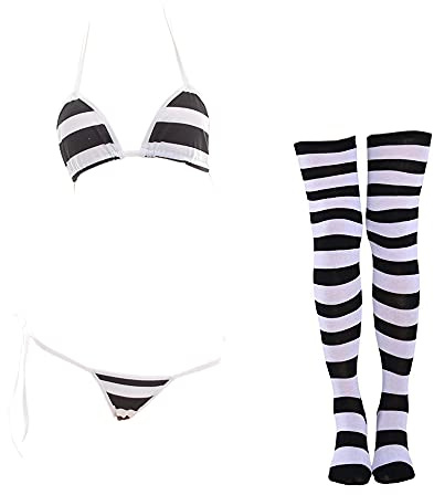 SINROYEE Conjunto de lencería sexy para mujer, traje de baño de anime japonés, traje de baño a rayas con calcetines altos hasta el muslo, Bikini de rayas anchas negras, Talla única