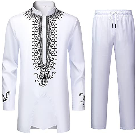 YND Men’s 2 Piece Dashiki Set African Long Sleeve Shirt and Pants, Retro Afro Outfit with Tribal Gold Print, Traditional Suit for Weddings and Ceremonies, White with Black