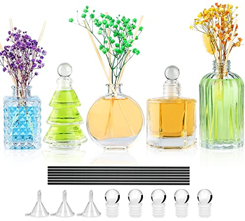 Juego de Regalo - Botellas de Vidrio difusoras vacías Juego de 5 Botellas Decorativas Transparentes para Bricolaje, jarrón, difusores de caña con Varillas para el hogar, Oficina, Boda, San Valentín