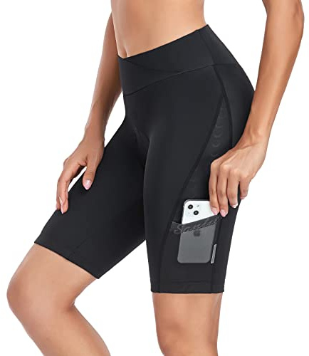 Santic Radlerhose Damen Fahrradhose 4D Gepolstert Kurz Radhose mit Polster Radlershorts High Waist Elastische Seitentasche MTB Shorts Schwarz XL