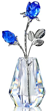 H&D HYALINE & DORA Two Blue Crystal Roses Figurine With Silver Pole - Forever Rose Paperweight, Romantic Gift for Her/Wife/Mom/Women, Valentine's Day