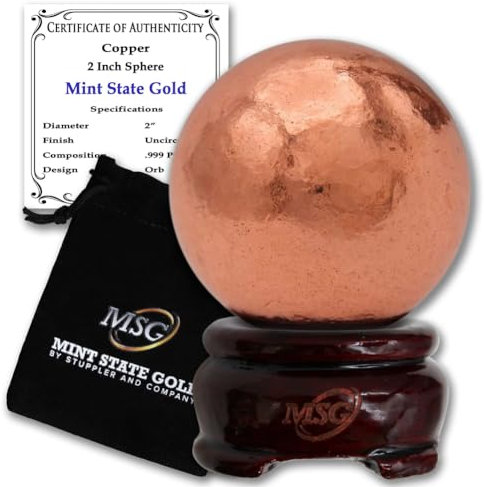Briefbeschwerer aus Kupfer mit Holzsockel | 50,8 mm - 0,6 kg | 99,9% reine massive Kugel mit Echtheitszertifikat von Mint State Gold