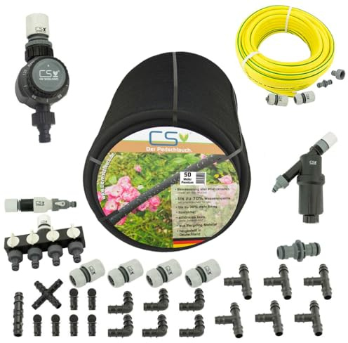 CS Profi Perlschlauch 50m Komplettset – nachhaltiges, ökologisches eco-Bewässerungssystem für Garten, Rasen & Flächenbewässerung – bis zu 70 % Wasserersparnis
