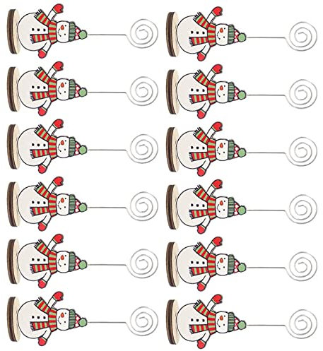 12Pcs Weihnachten Platzkartenhalter Weihnachten Holz Platz Kartenhalter mit Swirl Draht Weihnachten Schneemann Hinweis Fotos Stehen für Hochzeit Party Weihnachten Party Dekoration