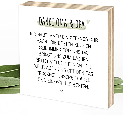 Wunderpixel® Holzbild Danke Oma & Opa - 15x15x2cm zum Hinstellen/Aufhängen, echter Fotodruck mit Spruch auf Holz - schwarz-weißes Wand-Bild Aufsteller Zuhause Dekoration Geschenk-Idee