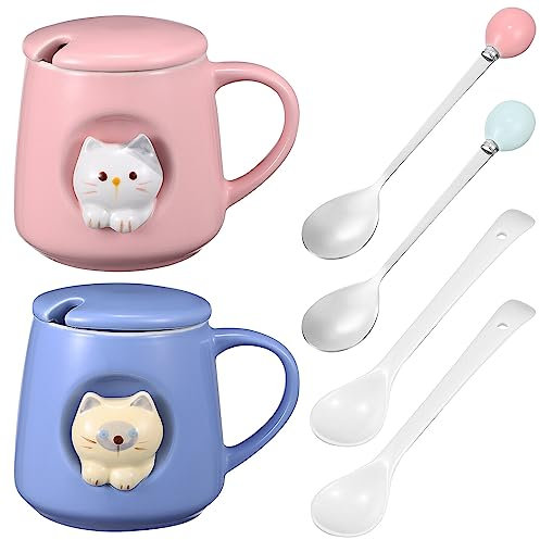 Kichvoe 2ensemble Lot De Tasses Céramique Tasses à Boire Forme De Chat Avec Couvercle Et Cuillère Pour Café Thé Lait
