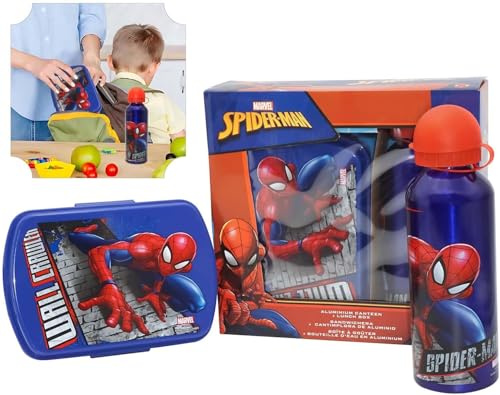 Marvel Spiderman Lot de 2 boîtes à déjeuner et bouteille d'eau pour enfants – Bouteille de sport sans BPA de 500 ml – Boîte à sandwich isotherme pour l'école, les voyages et les pique-niques – Cadeau