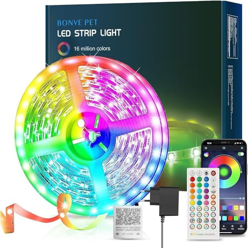 Tira led, Luces 15 Metros, (1 Rollo 15m) Bonve pet Luces Habitación, Strip led RGB Bluetooth con Control Remoto y App, Luz led Sincronización Música Para Decorar Gaming Bar Hogar Fiesta Cocina
