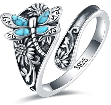 EJALEN S925-Sterling-Silver Abalone Dragonfly-Turquoise Spoon Ring - Vintage Boho Sunflower Thumb Oxidized Wrap Rings Victorian Style Antique Floral Jewelry Gifts for Women (Dragonfly Ring 6#7#8#)
