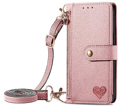 VQWQ Flip Case Compatible with iPhone 13 Pro 6.1 - Adjustable Crossbody Lanyard Zipper Cash Pocket Wallet Leather Case Card Holder Stand Metal Close Cover for iPhone 13 Pro 6.1 [AX] -Pink