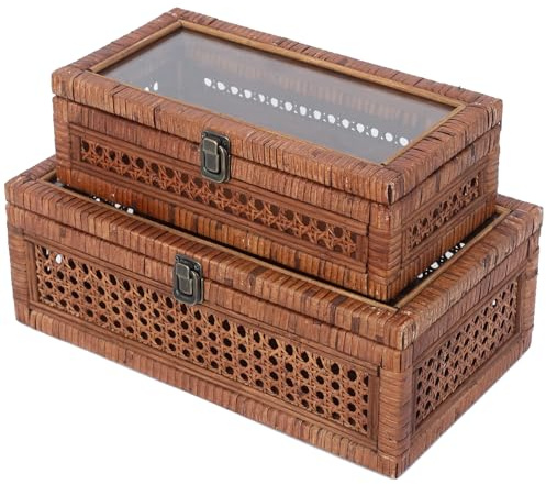 DECOR4SEASON Rattan and Cane Stacking Boxes with Glass Top Lid - Set of 2 11.8 and 14.1, for Boho and Rustic Farmhouse Decor, Brown