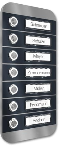 Graviers Design Mehrfamilien Aufputz Türklingel mit LED Taster 7 Namensschilder - V2A Edelstahl Klingel 140x290 mm - Name Beleuchtung wählbar für Haustür Mehrfamilienhaus