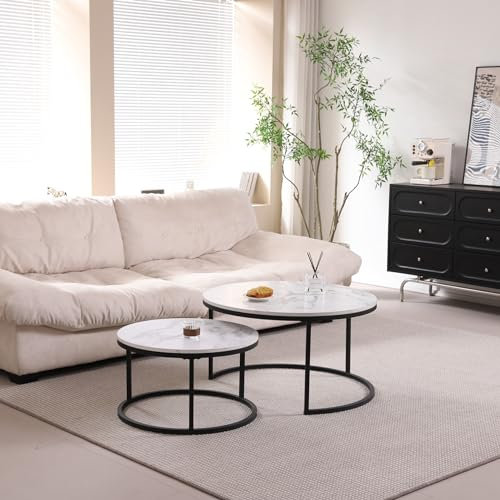 TTATC 2er-Set runder Beistelltisch,Couchtisch im Industriestil mit Metallbeinen, Platte aus MDF-Marmorimitat, groß 80 x 80 x 45 cm und klein 60 x 60 x 35 cm,Schwarz