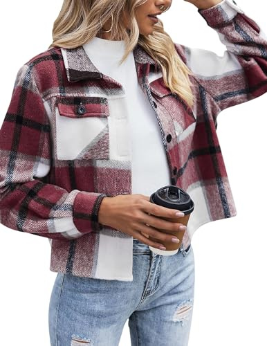 Zeagoo Giacca Donna Corta Flanella Quadretti Camicia Maniche Lunghe Rossa Quadri S