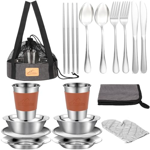 Kit da campeggio – 1 o 2 persone piatti da campeggio include tazze, ciotole, piatti, coltelli, forchette, cucchiai, ecc., set di posate da campeggio con borsa a rete, facile da trasportare per