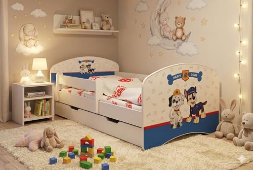 Happy Babies Happy - Kinderbett 140 x 70 | Bett mit Rausfallschutz & Bettkasten | Jugendbett mit farbigem Aufkleber | Kinderbett mit Matratze 70x140 | Kinder-Bett für Mädchen & Jungen WIESS