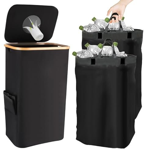 105L Bottle Recycling Bin, Recycling Waste Bags 27Gallon Bottle Bin for Home, Recycling Waste Bin with 2 Inner Bag Recycling Storage Container, Recycling Bins for Kitchen Bottle Can Stickers (Black)